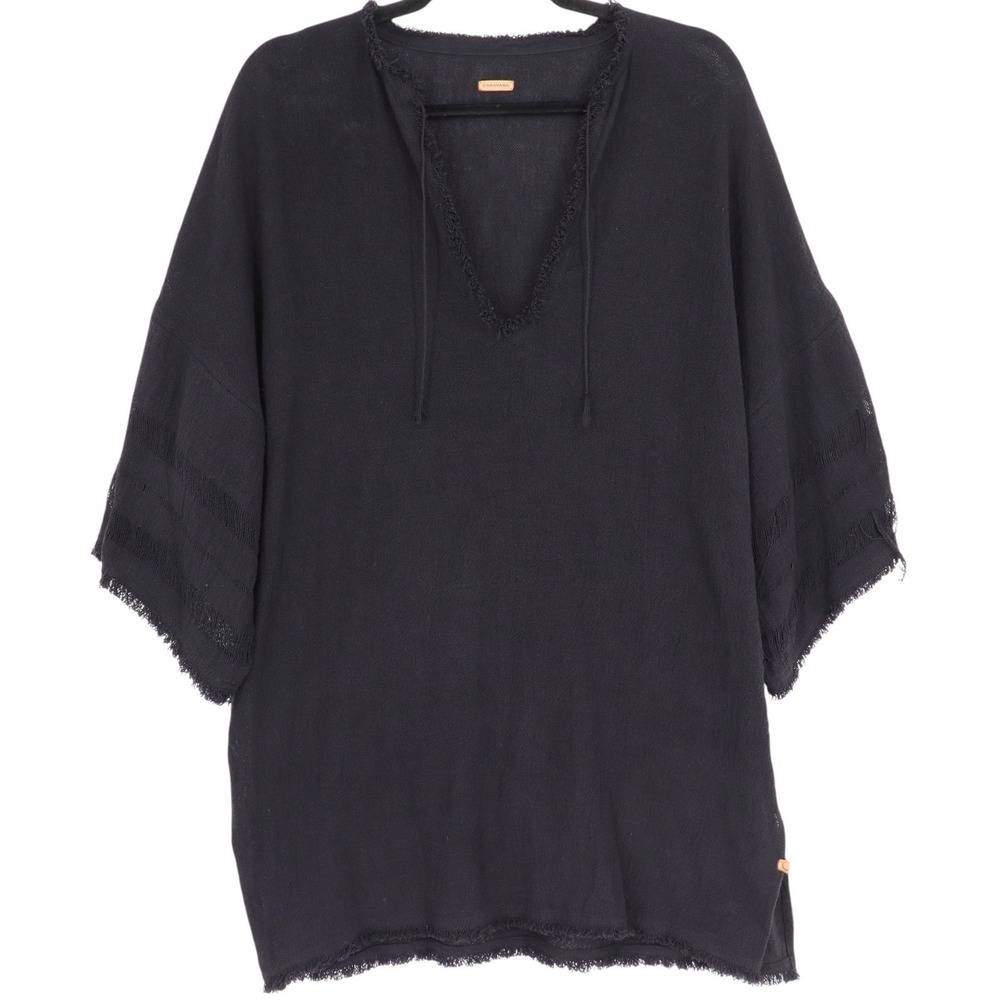 Caravana Womens Black Cotton Gauze Cover Up V-Neck Kaftan Tunic Top One Size